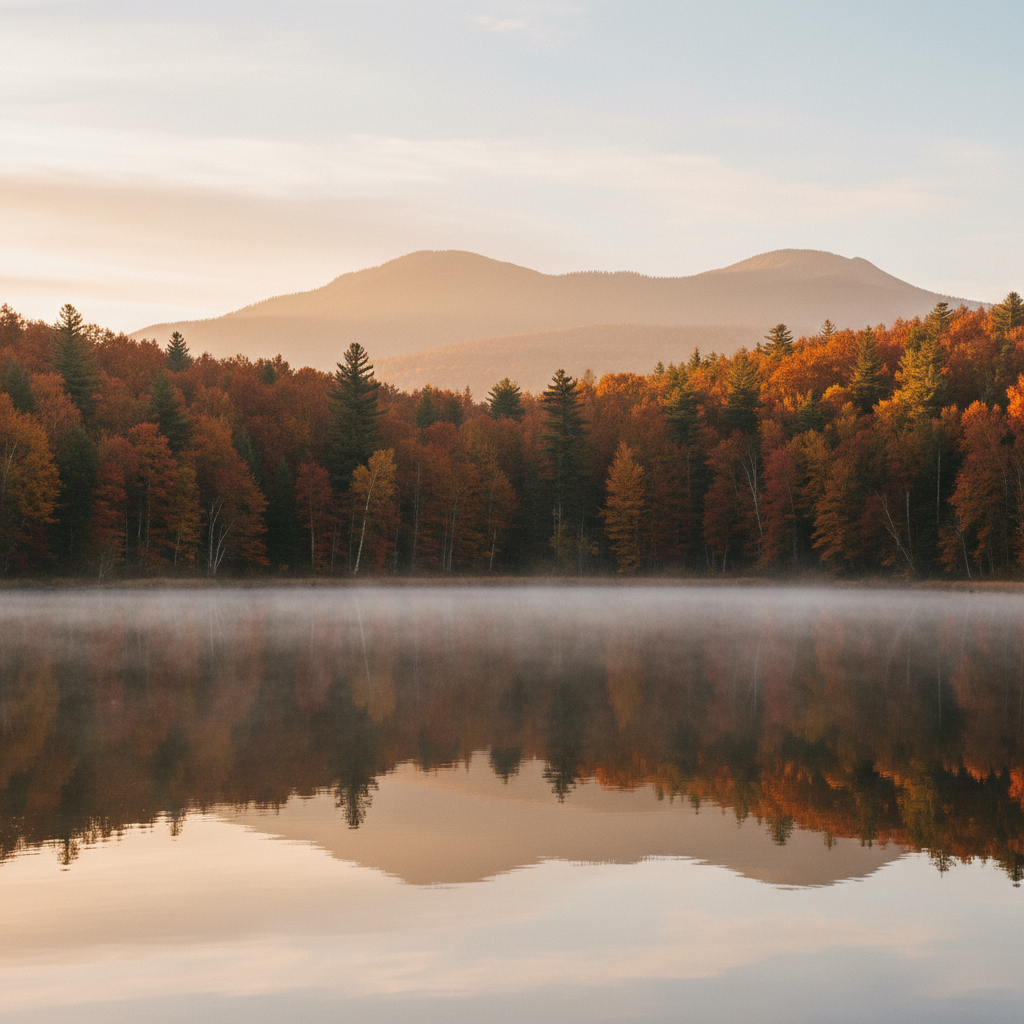 Vibrant autumn foliage surrounding a calm mountain lake at sunrise