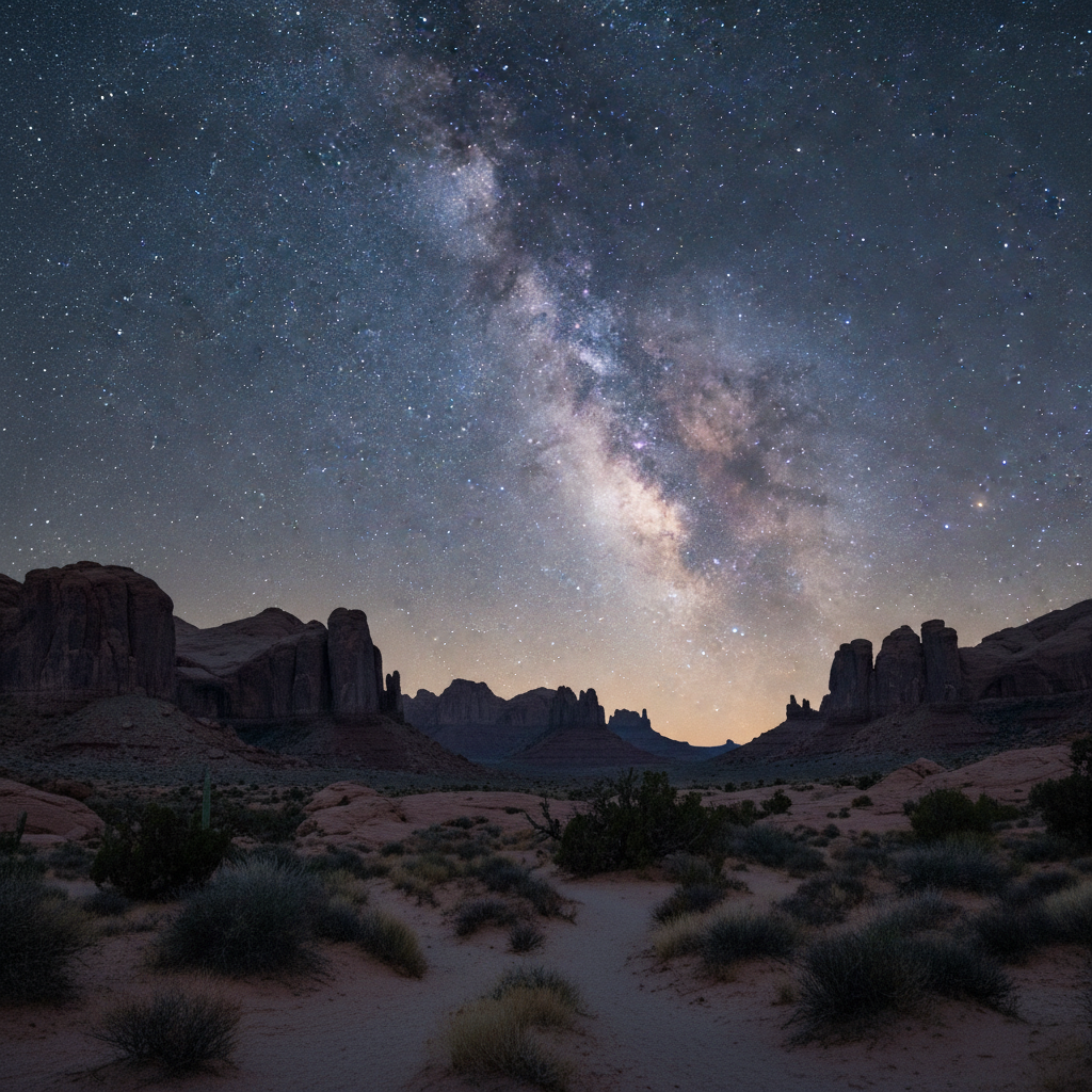 Starry night sky over a desert national park with silhouetted rock formations