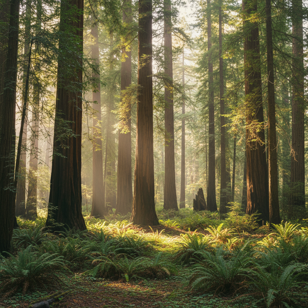 High-resolution photograph of towering redwood trees in golden light
