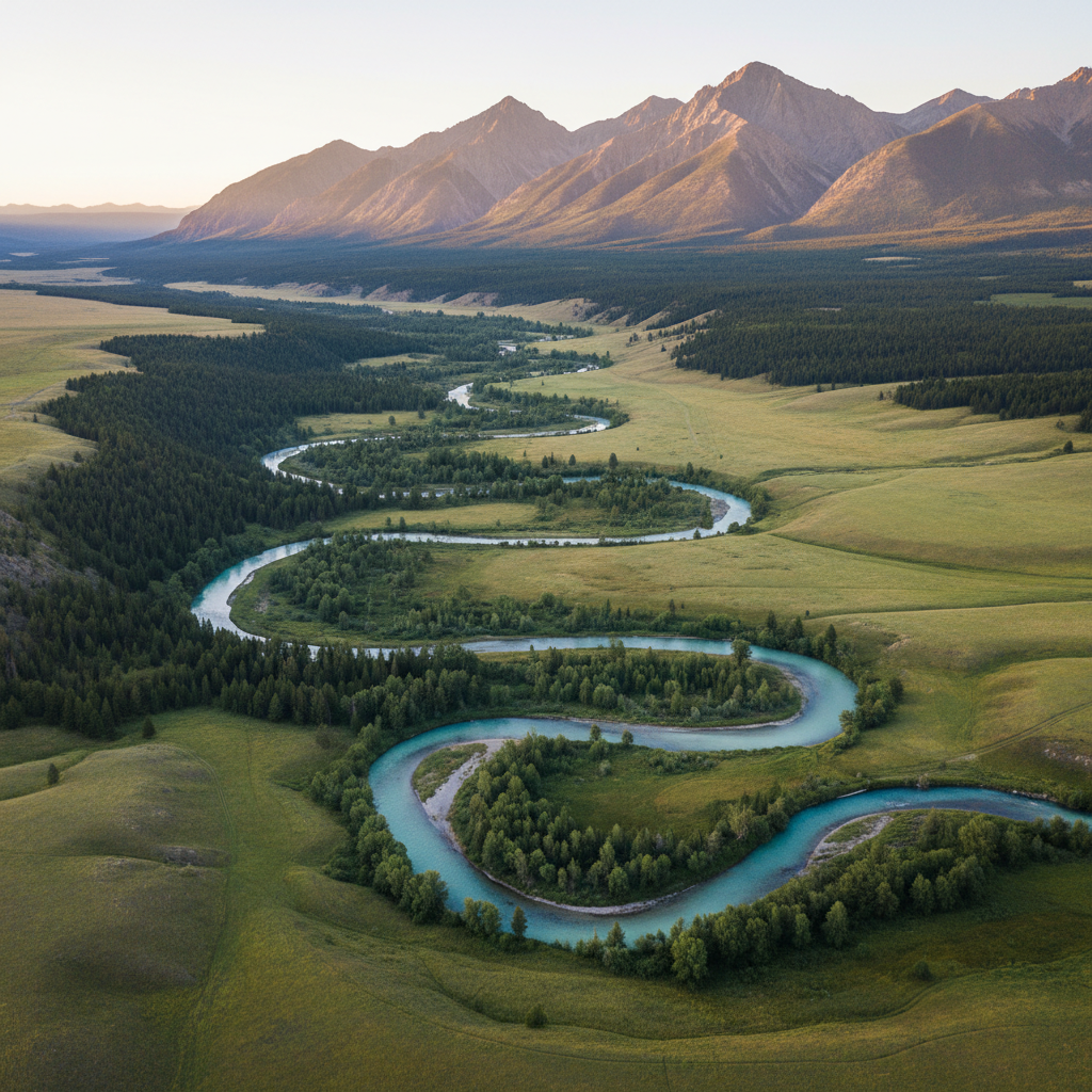 Sweeping aerial view of a lush national park valley with winding rivers