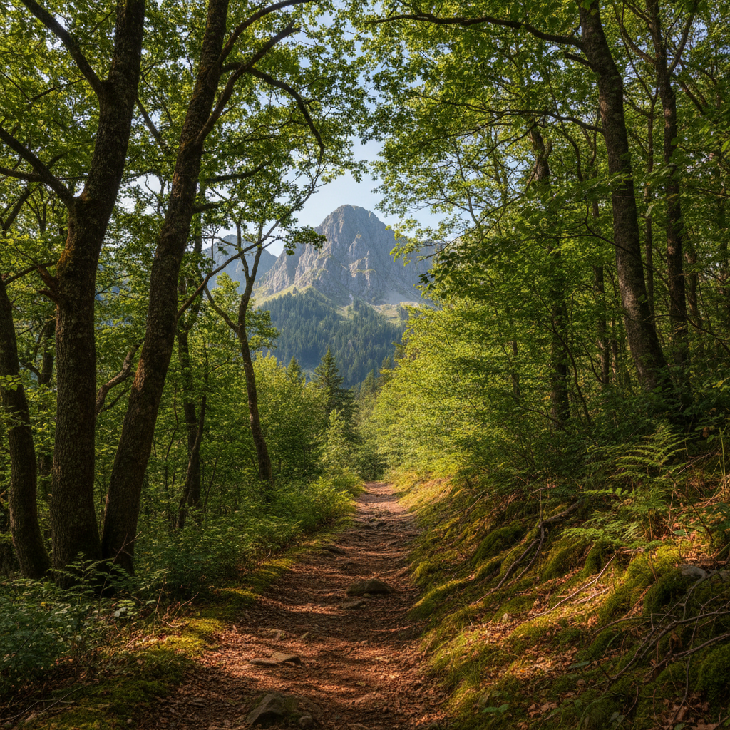 Narrow hiking trail winding through dense forest toward a distant mountain peak