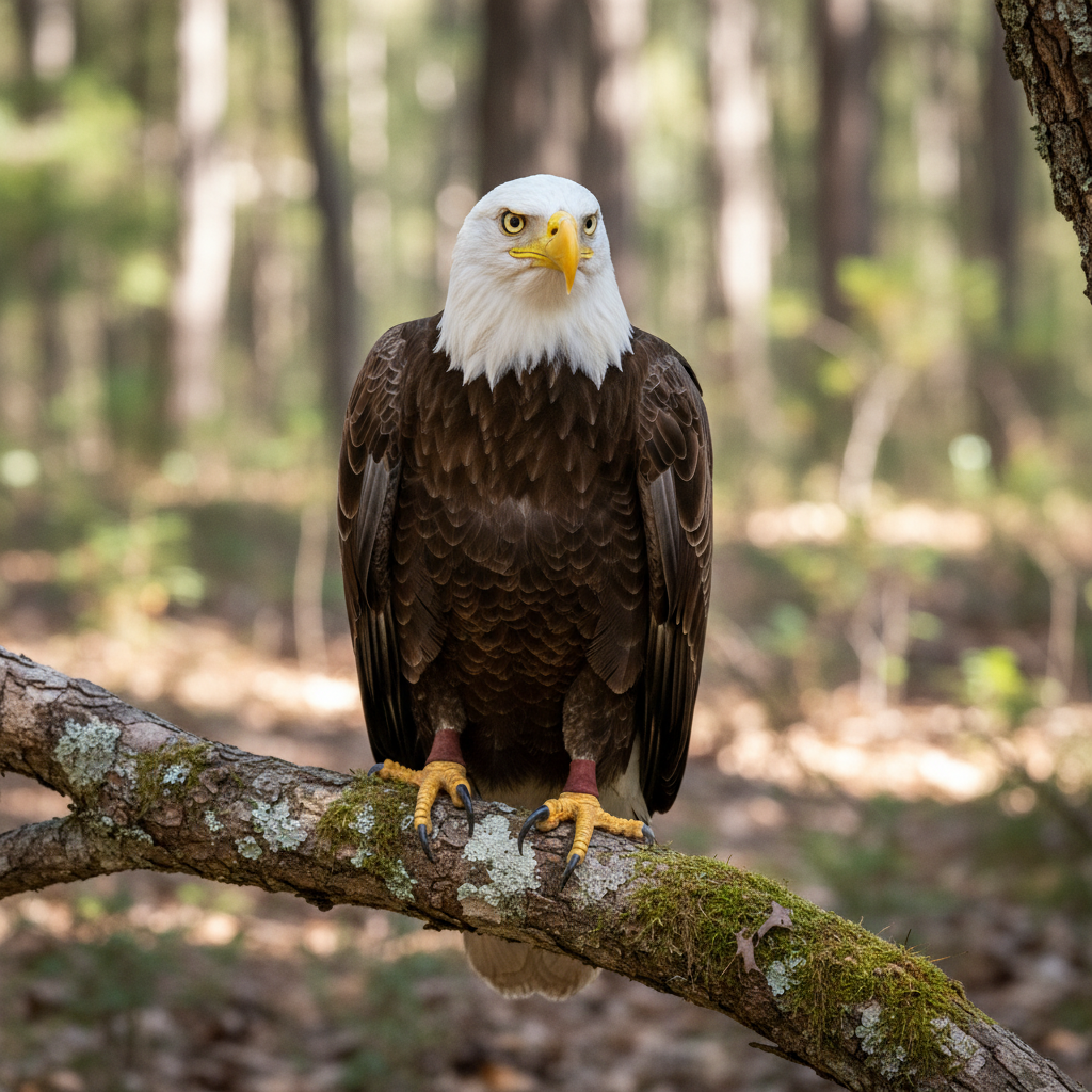 Close-up of a bald eagle perched on a branch in a national forest