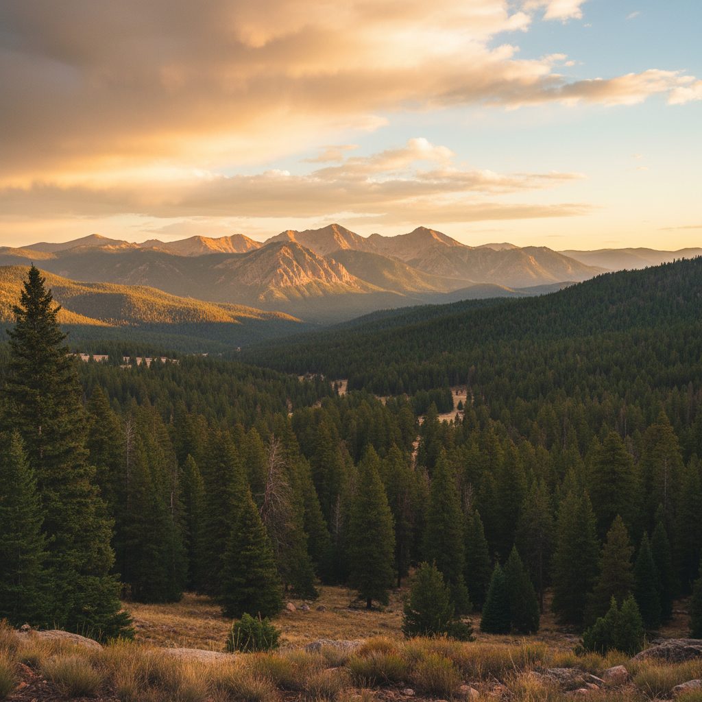 Sweeping vista of a forested national park with mountains in the distance